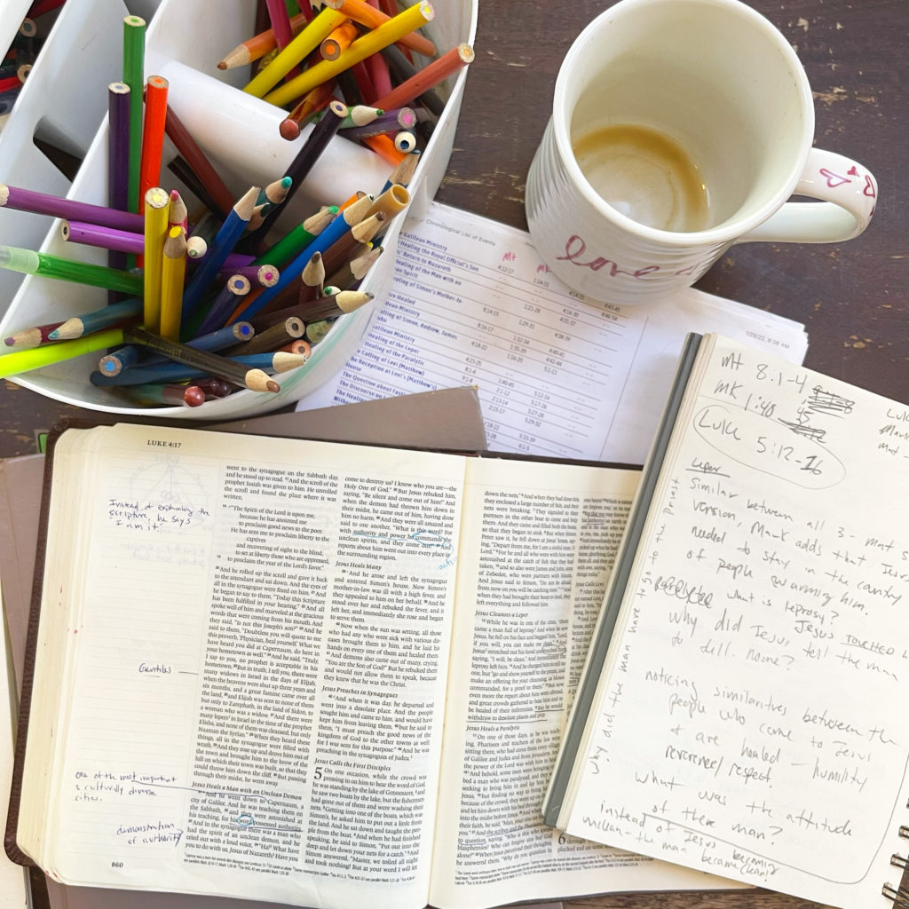bible study supplies on a table with an empty mug of tea